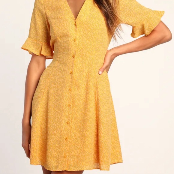 Lulus Castana Mustard Yellow Print Button-Up Dress XS - Picture 3 of 4